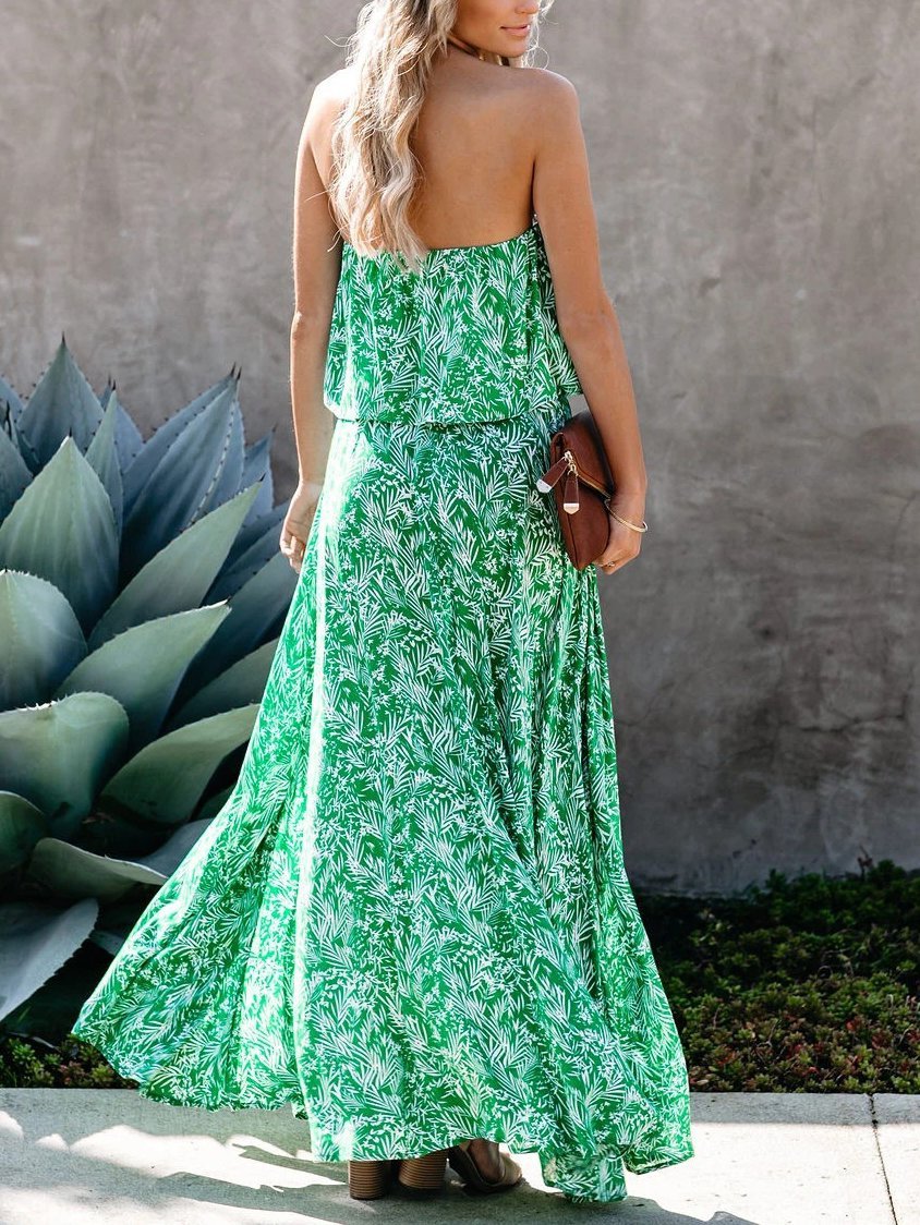 Leaf Print Off-shoulder Tube Top Dress - LuckyFash™