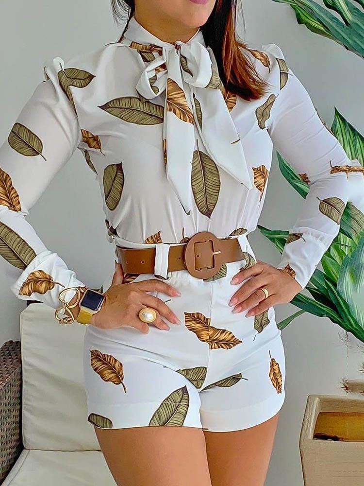 Leaf Print Puff Sleeve Top & Shorts Set - LuckyFash™