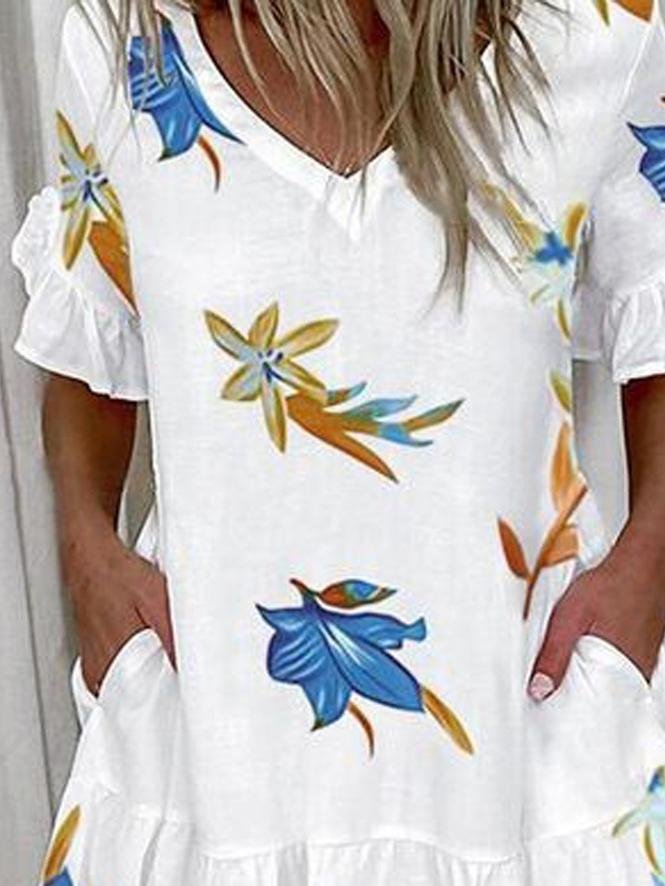 Leaf Print Ruffled Short Sleeve Pocket Dress - LuckyFash™