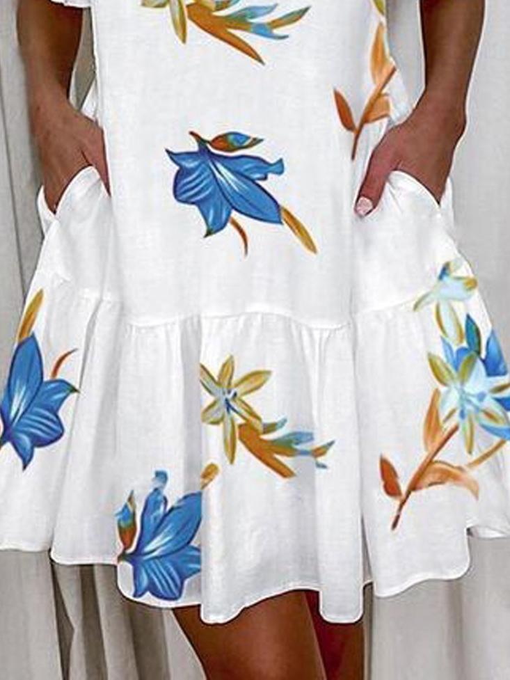 Leaf Print Ruffled Short Sleeve Pocket Dress - LuckyFash™
