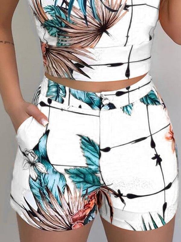 Leaf Print Suspender Slim Top Shorts Two-piece Set - LuckyFash™