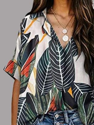 Leaf Print V-neck Short Sleeve Blouses - LuckyFash™