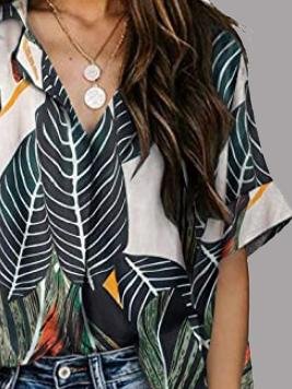 Leaf Print V-neck Short Sleeve Blouses - LuckyFash™