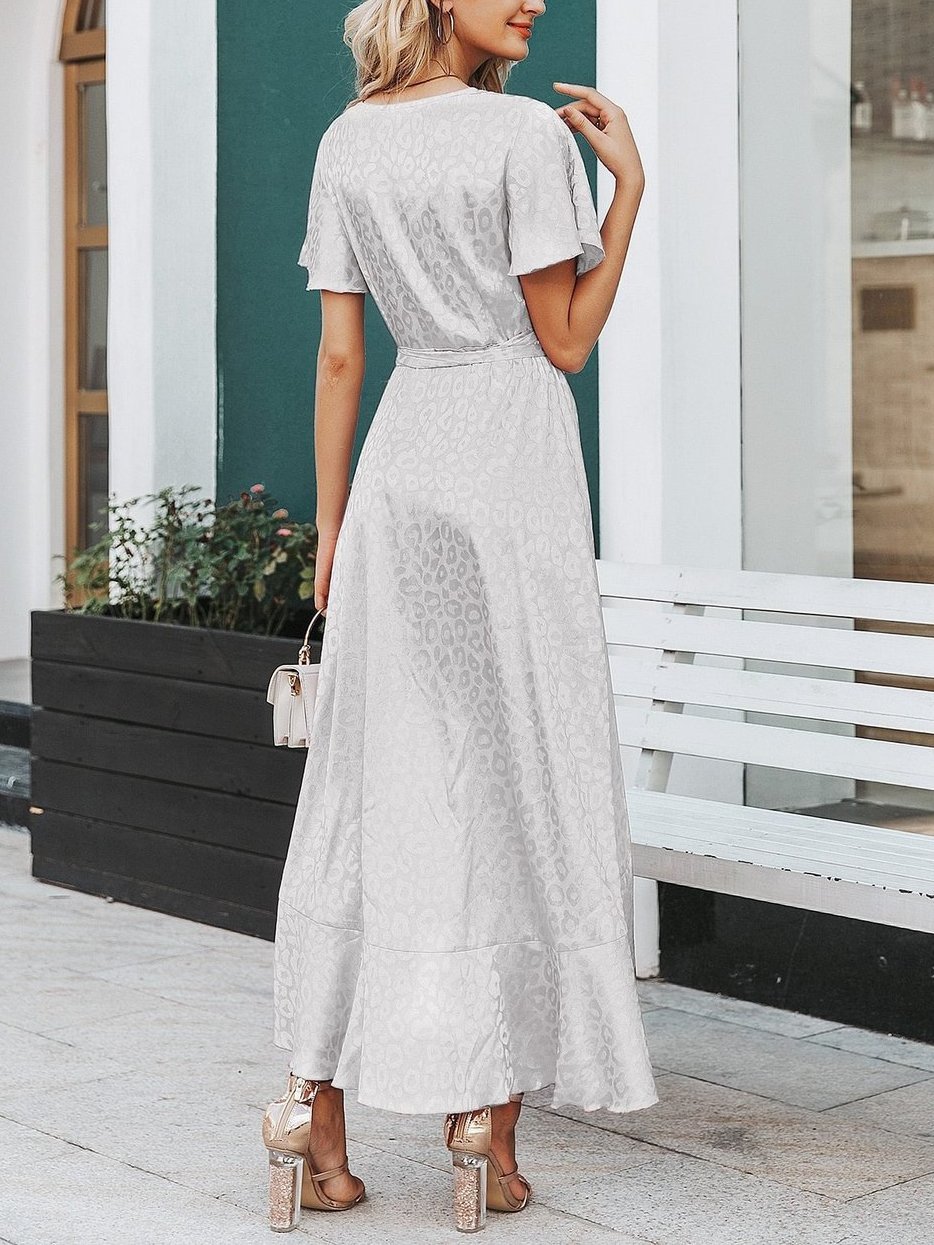 Leopard Asymmetrical Ruffle Hem Wrap Belted Satin Dress - LuckyFash™