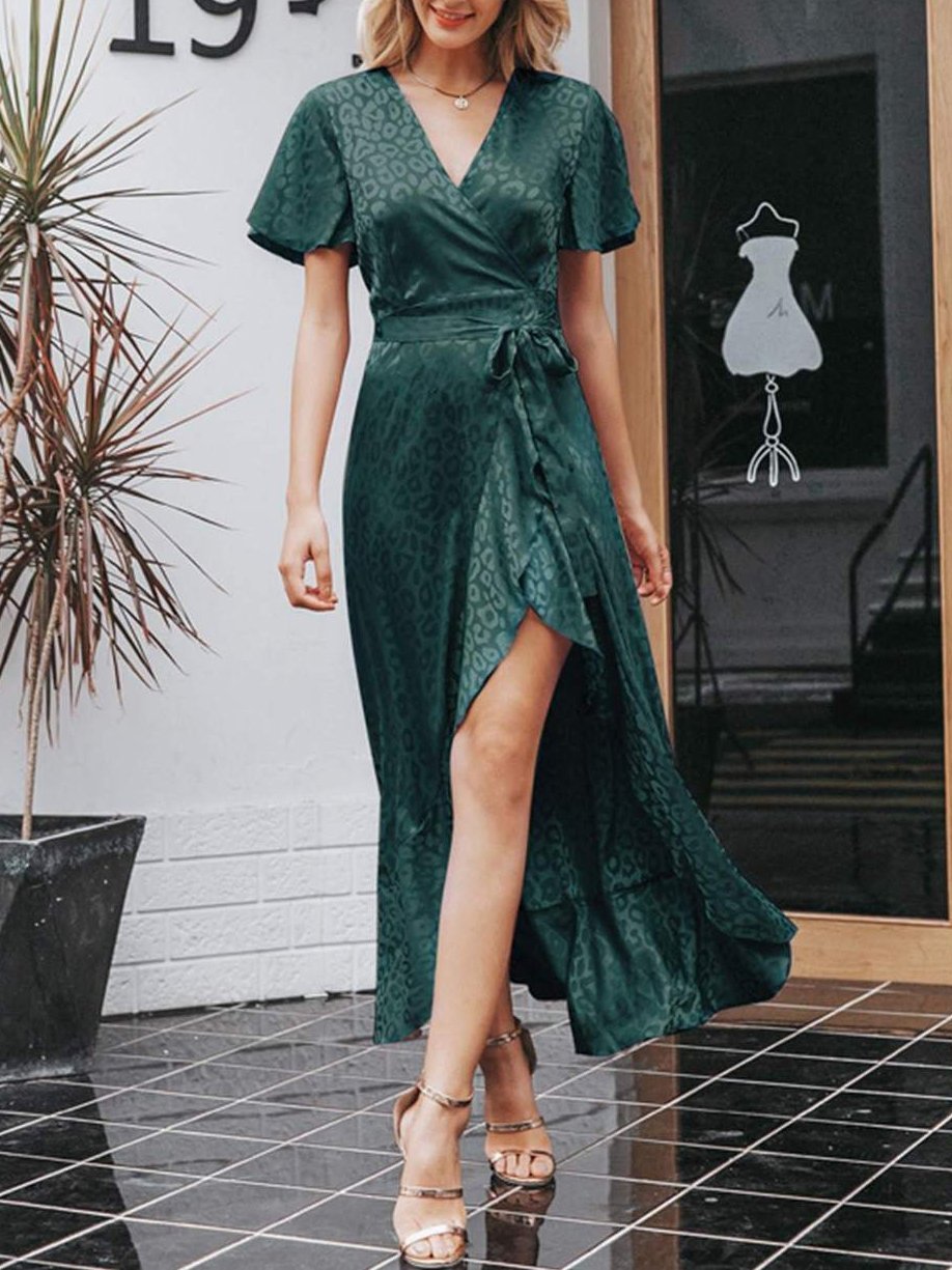 Leopard Asymmetrical Ruffle Hem Wrap Belted Satin Dress - LuckyFash™
