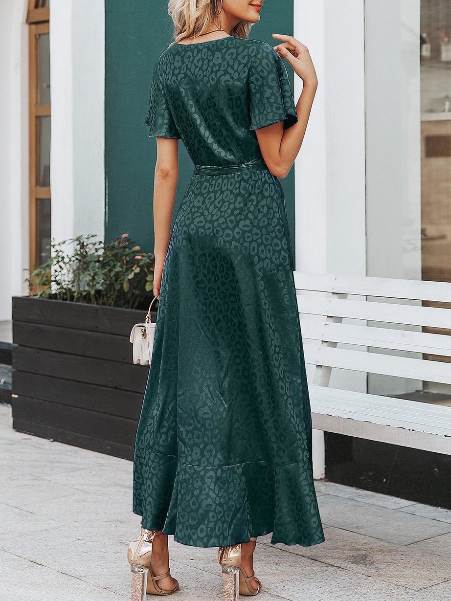 Leopard Asymmetrical Ruffle Hem Wrap Belted Satin Dress - LuckyFash™