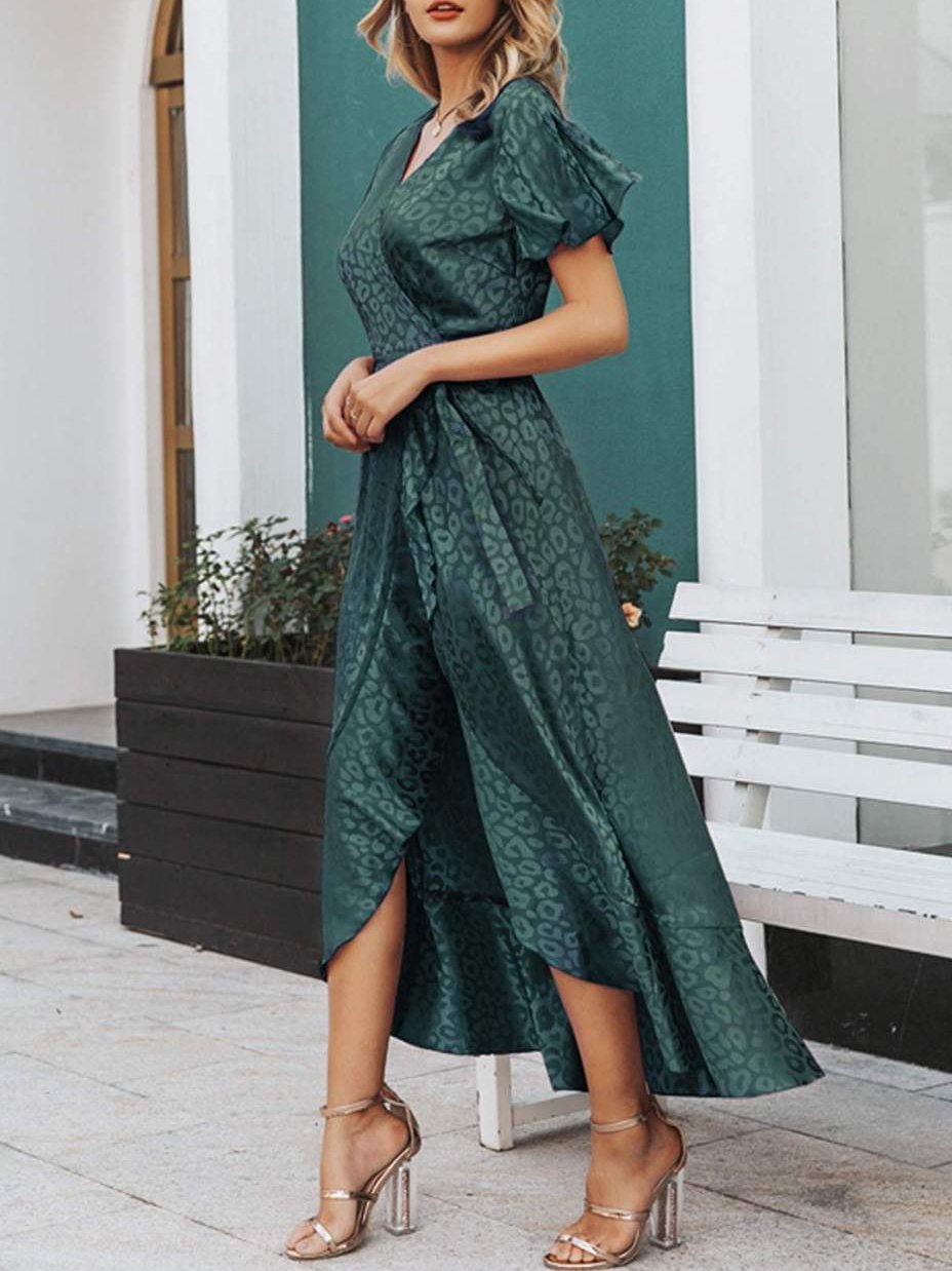 Leopard Asymmetrical Ruffle Hem Wrap Belted Satin Dress - LuckyFash™