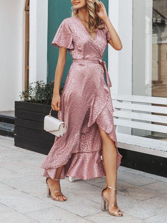 Leopard Asymmetrical Ruffle Hem Wrap Belted Satin Dress - LuckyFash™