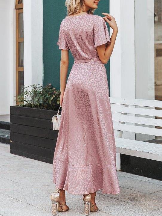 Leopard Asymmetrical Ruffle Hem Wrap Belted Satin Dress - LuckyFash™
