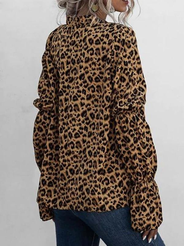 Leopard Bowtie Collar Ruffle Cuff Blouse - LuckyFash™