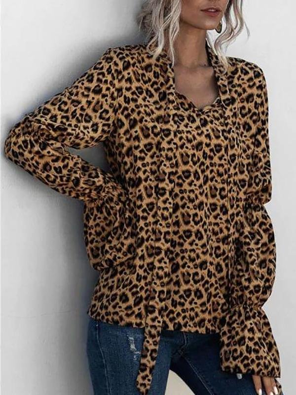 Leopard Bowtie Collar Ruffle Cuff Blouse - LuckyFash™