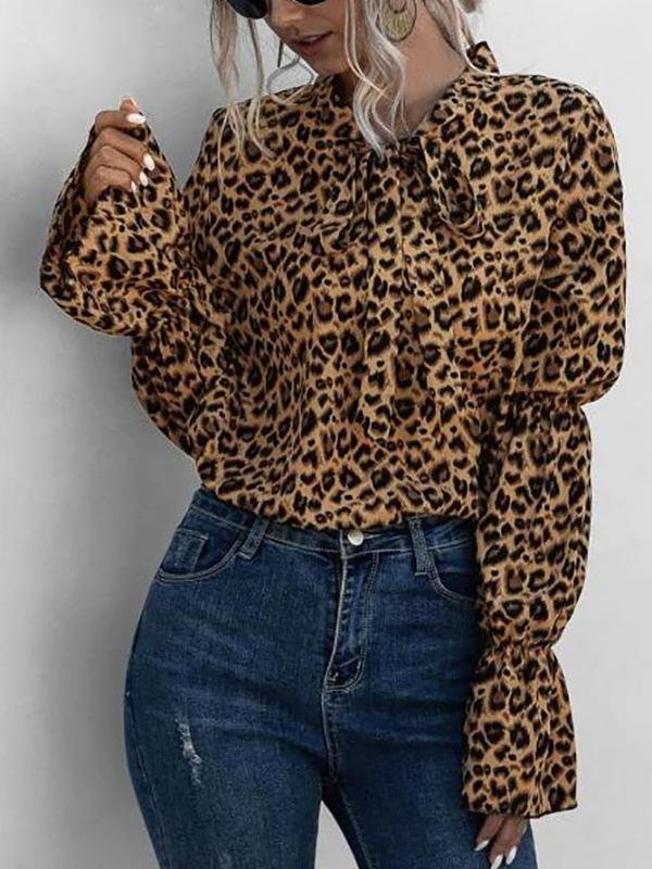 Leopard Bowtie Collar Ruffle Cuff Blouse - LuckyFash™