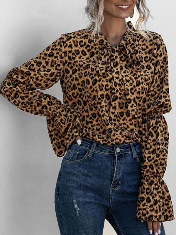 Leopard Bowtie Collar Ruffle Cuff Blouse - LuckyFash™