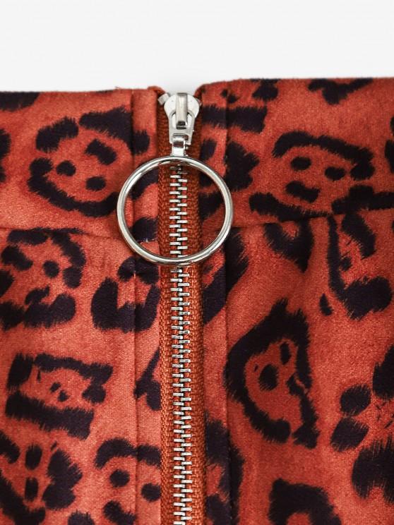 Leopard Faux Suede Pull Ring Zip Skirt - LuckyFash™