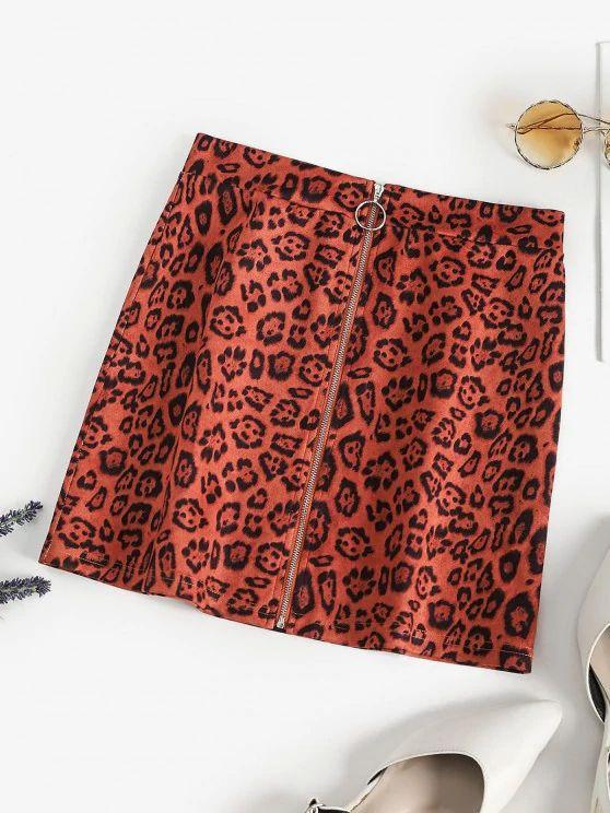 Leopard Faux Suede Pull Ring Zip Skirt - LuckyFash™