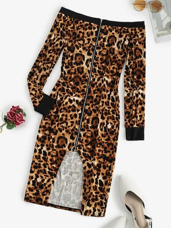 Leopard Full Zip Off Shoulder Long Sleeve Dress - LuckyFash™