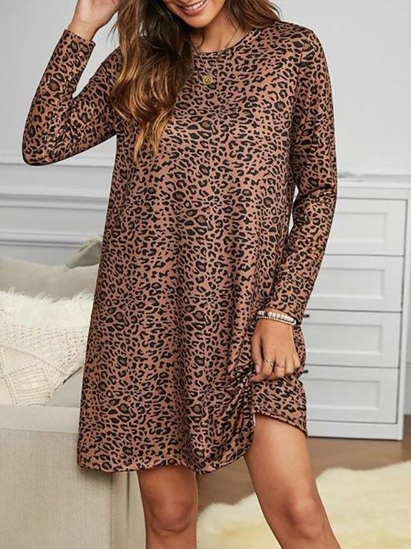 Leopard Long Sleeve Tee Dress - LuckyFash™