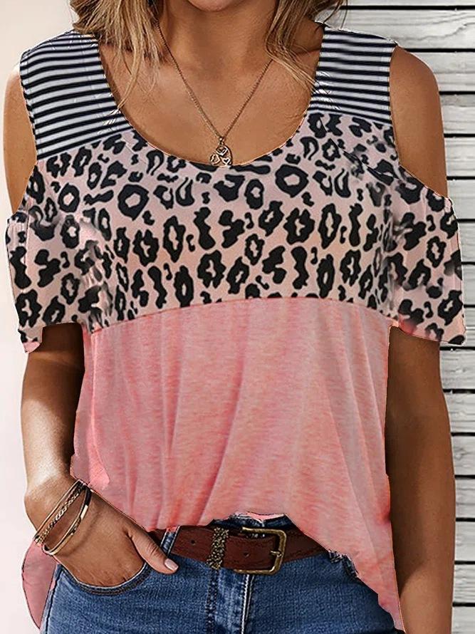 Leopard Patch Striped Short Sleeve T-shirt - LuckyFash™