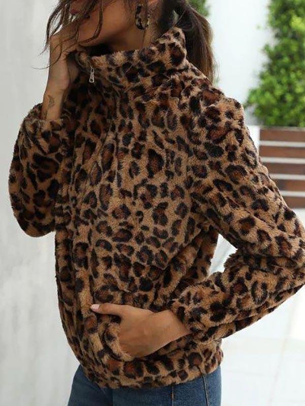 Leopard Pocket Fluffy Zip Up Jacket - LuckyFash™