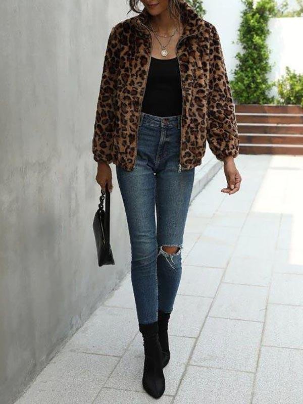 Leopard Pocket Fluffy Zip Up Jacket - LuckyFash™