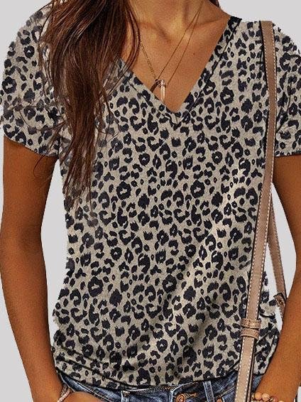 Leopard Print V-neck Short Sleeve Casual T-shirt - LuckyFash™