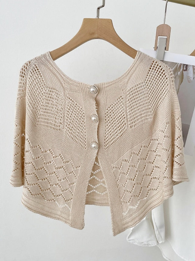 Solid Color Knitted Hollow Shawl Women's Summer Air-conditioned Elegant Vest with Pearl Button Womens Cape Sunscreen Fake Collar - LuckyFash™