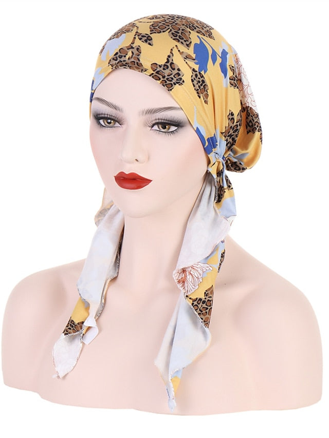 Women Printed Pre-tie Headscarf Elastic Muslim Female Turban Soft Hat Hair Loss Cover Head Wrap Headwear Stretch Bandana - LuckyFash™