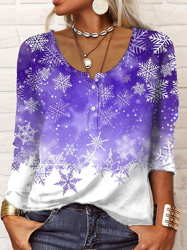 Women's Henley Shirt T shirt Tee Maroon Grass Green White Galaxy Sparkly Button Print Long Sleeve Casual Weekend Basic Round Neck Regular Painting S - LuckyFash™