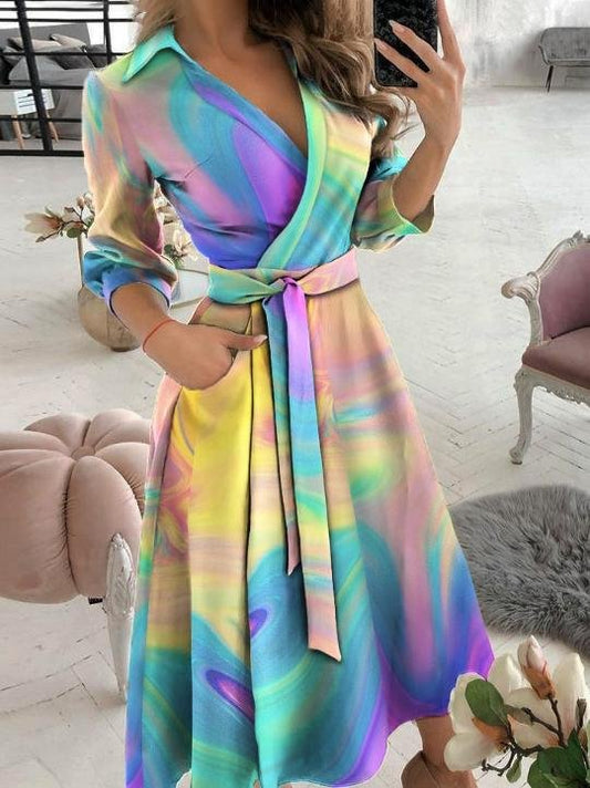 Long Sleeve V-neck Tie-dye Dress - LuckyFash™