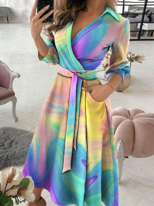 Long Sleeve V-neck Tie-dye Dress - LuckyFash™