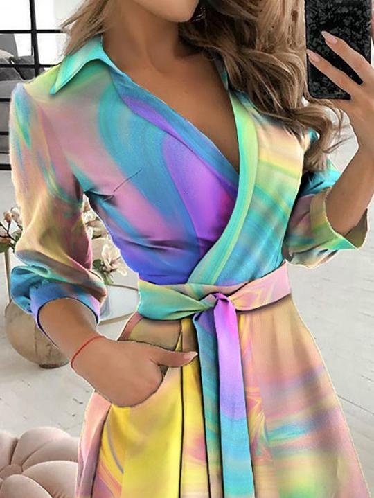 Long Sleeve V-neck Tie-dye Dress - LuckyFash™