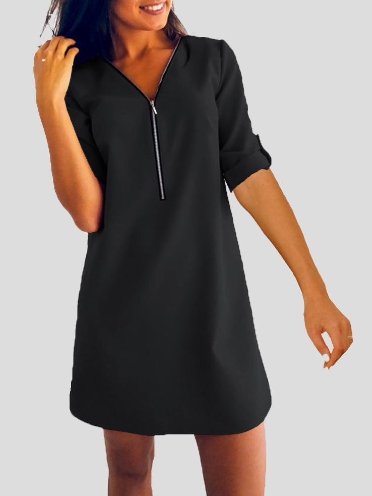 Long Sleeve V-neck Zip Loose Dress - LuckyFash™