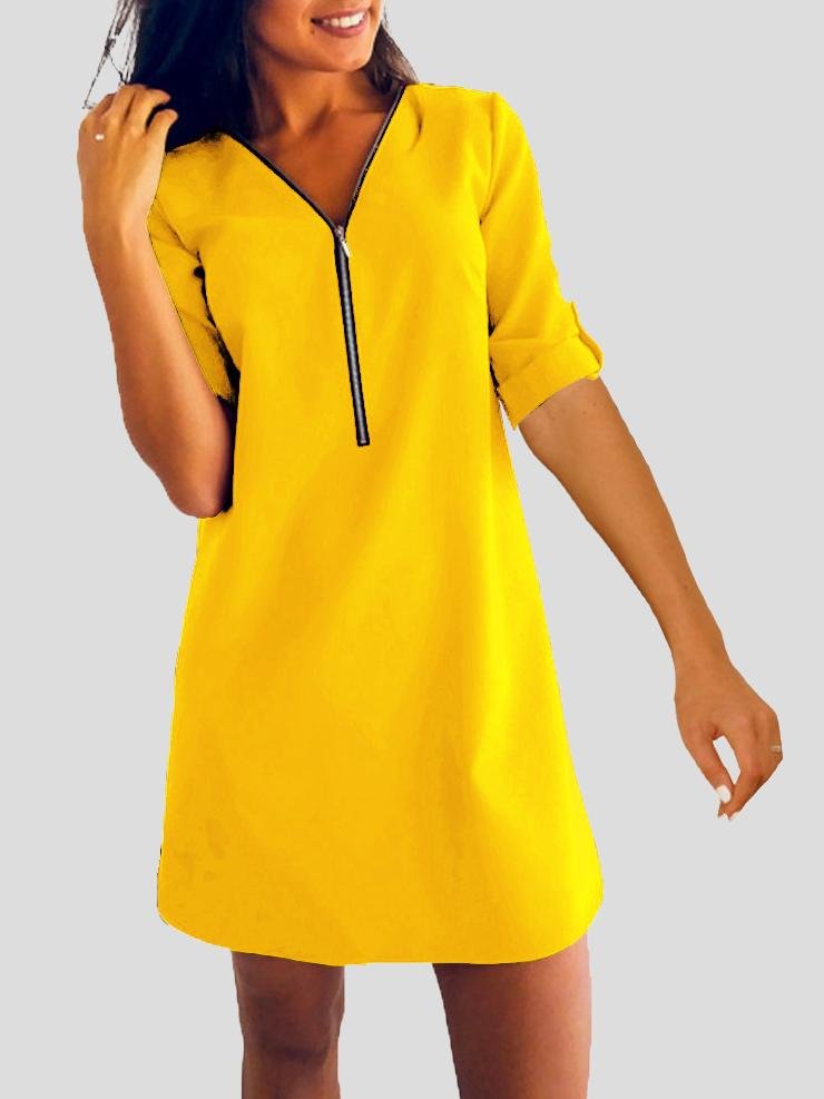 Long Sleeve V-neck Zip Loose Dress - LuckyFash™