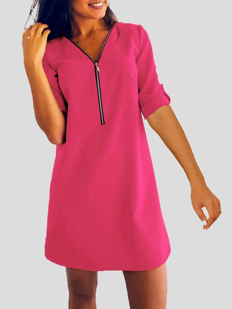 Long Sleeve V-neck Zip Loose Dress - LuckyFash™