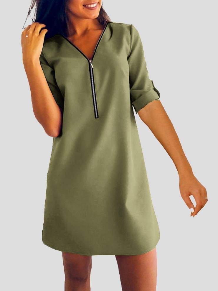 Long Sleeve V-neck Zip Loose Dress - LuckyFash™