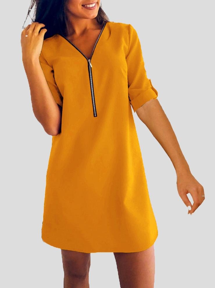 Long Sleeve V-neck Zip Loose Dress - LuckyFash™