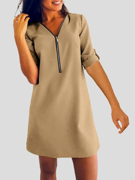 Long Sleeve V-neck Zip Loose Dress - LuckyFash™