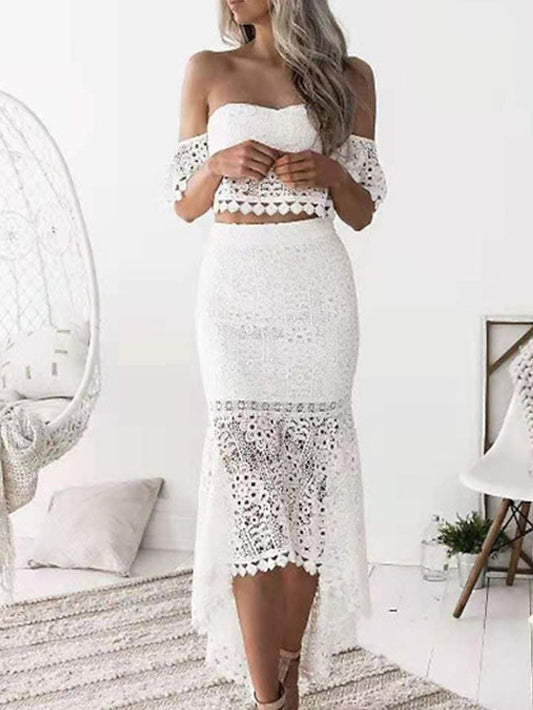 Women's Lace Dress Dress Set Two Piece Dress Long Dress Maxi Dress White Wine Dark Blue Short Sleeve Pure Color Lace Spring Summer Strapless Stylish Weekend Slim 2023 S M L XL - LuckyFash™