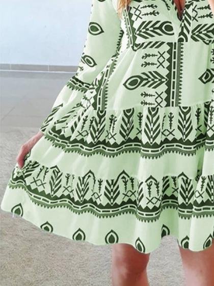 Loose Printed Long Sleeve V-Neck Dress - LuckyFash™