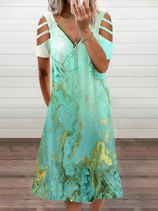 Loose Printed Short Sleeve Zippered V-neck Dress - LuckyFash™