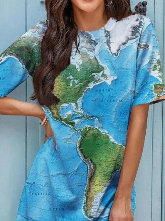 Loose Tie-dye Map Print Short-sleeved Dress - LuckyFash™