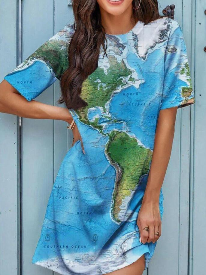 Loose Tie-dye Map Print Short-sleeved Dress - LuckyFash™