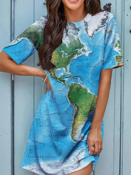 Loose Tie-dye Map Print Short-sleeved Dress - LuckyFash™