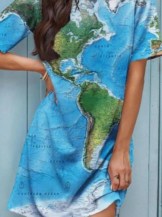 Loose Tie-dye Map Print Short-sleeved Dress - LuckyFash™
