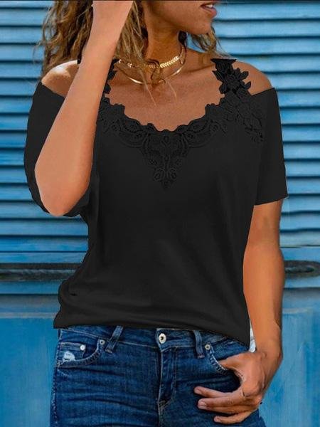Loose V-Neck Lace Strapless Short Sleeve T-Shirts - LuckyFash™