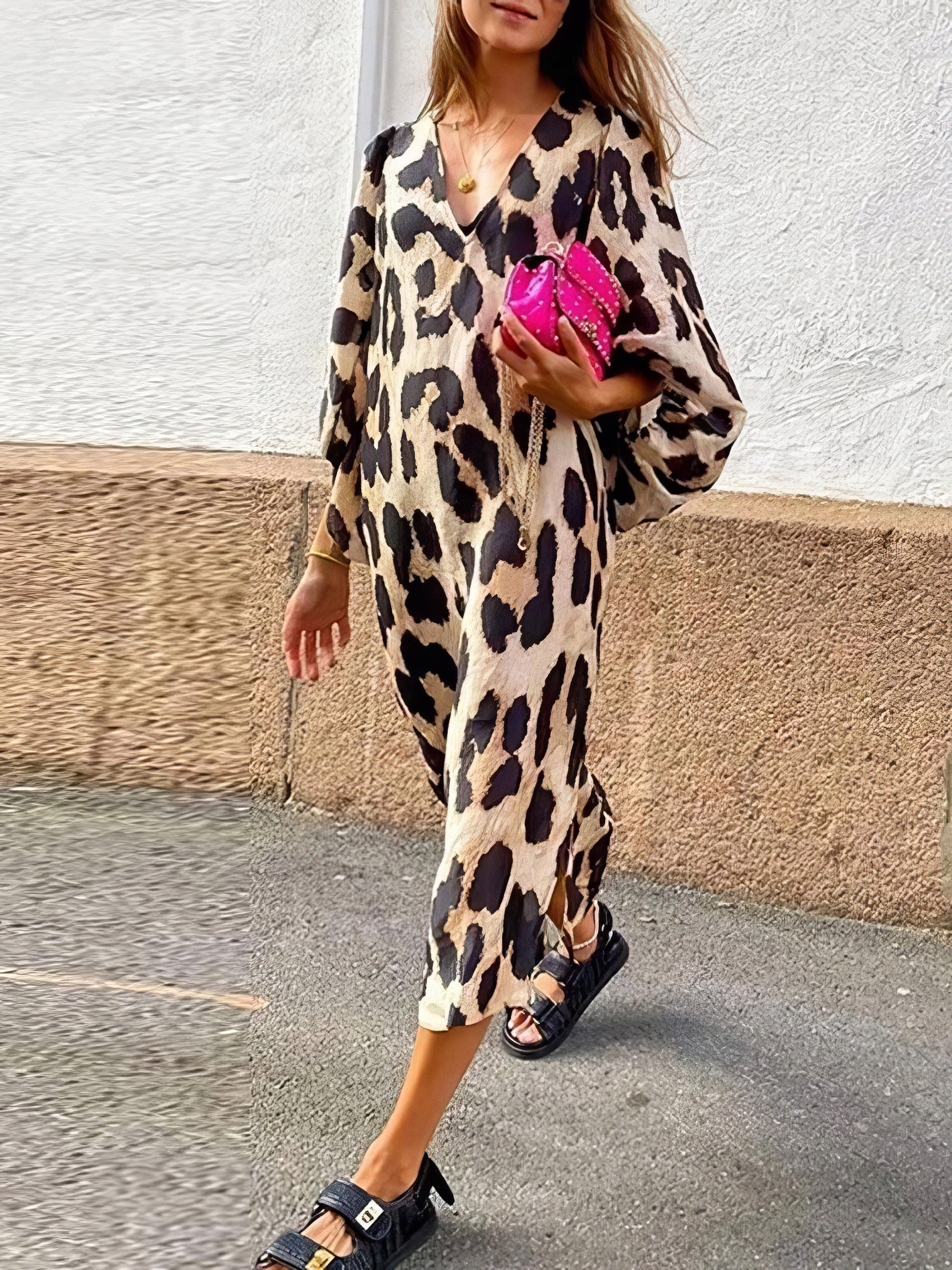 Loose V-Neck Lantern Sleeve Leopard Print Dress - LuckyFash™