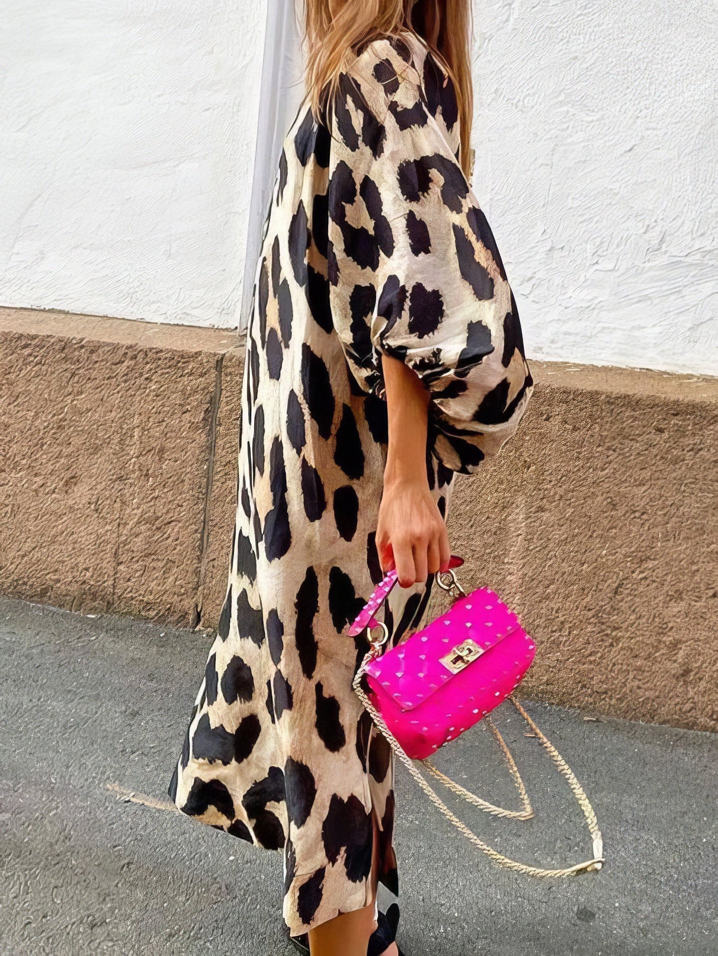 Loose V-Neck Lantern Sleeve Leopard Print Dress - LuckyFash™