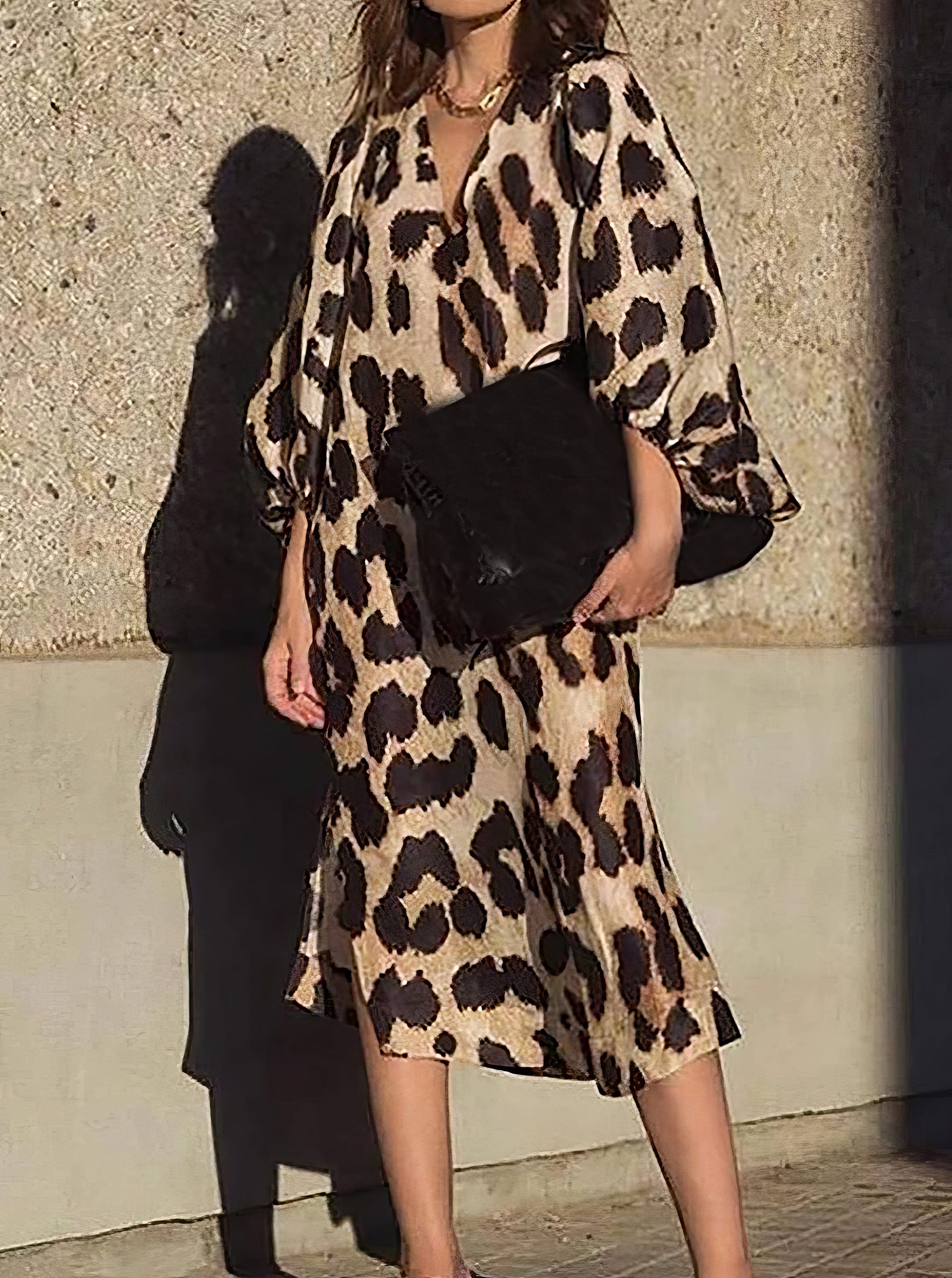 Loose V-Neck Lantern Sleeve Leopard Print Dress - LuckyFash™