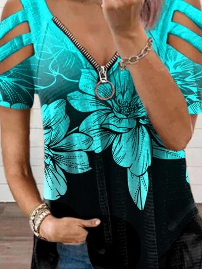 Loose V-neck Print Short-sleeved T-shirt - LuckyFash™