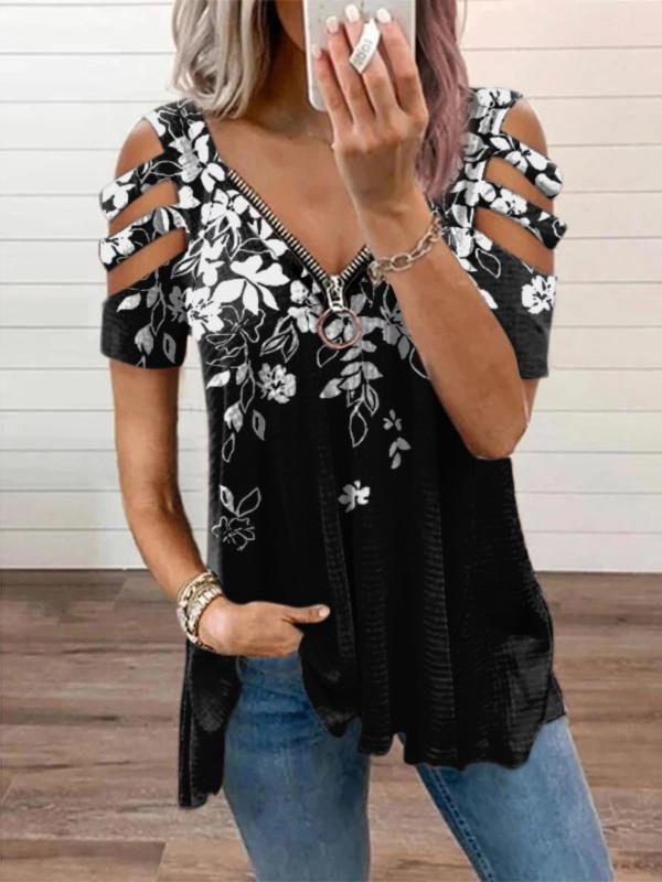 Loose V-neck Print Short-sleeved T-shirt - LuckyFash™